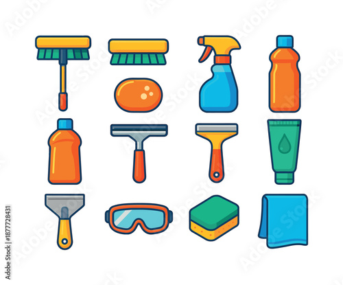 Colorful Cleaning Icons. Cleaning Windows. Colorful flat vector icons set of Cleaning Windows: telescopic pole, window brush head, foam sprayer, refill bottle,
