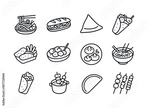 Global Street Food Icons. Street food. Line icon set of iconic global street foods: pad thai, banh mi, samosa, kebab wrap, fish and chips, currywurst, dumpling