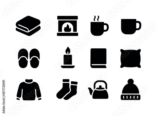 Cozy Winter Icons. Cozy winter moments. Solid icon set of Cozy winter moments: blanket, fireplace icon, hot cocoa mug, slippers, candle, book, sweater, socks,
