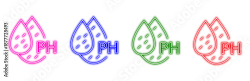 Neon ph level indicator icons representing acidity or alkalinity in liquid drops isolated on a white background in multiple colorful variants