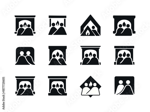 Fireplace Icon Set. People enjoying a warm fire in the fireplace. Icon set. Set Logo of people enjoying a warm fire in the fireplace: blanket and firelight.