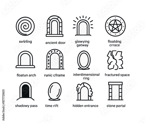 Mysterious Portals Icons. Mysterious portals. Line icon set of Mysterious portals: swirling vortex, ancient door, glowing gateway, floating arch, runic frame,