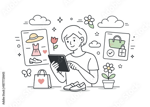 Spring Shopping Vibes. Spring shopping mood. A person browsing items with flowers and clouds gently floating around. Pleasant buying experience, lightness and