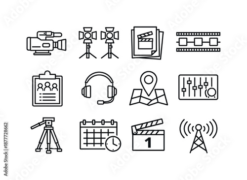 TV Drama Icon Set. TV Drama Production. Line icon set of TV Drama Production: television camera, studio lights, screenplay script, episode timeline, casting