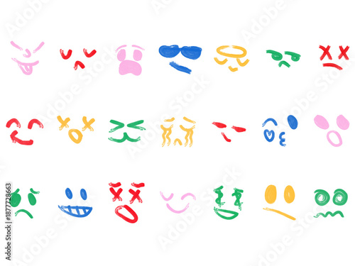 Colorful crayon emoji faces in doodle style. Hand drawn cartoon emoticons with different moods and feelings.