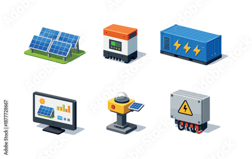Colorful Solar Station Icons. Solar Power Station. Isometric flat vector icons set of Solar Power Station: ground solar array, inverter device, battery storage