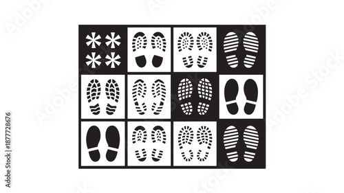 Vector Illustration Of Various Footprints And Shoe Prints In Black And White For Design And Pattern Use On Transparent Background