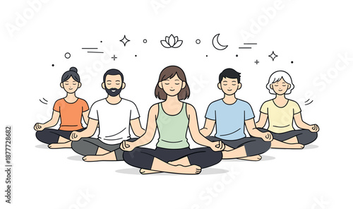 Meditative Yoga Session. Yoga class meditation. Group seated cross-legged with closed eyes, calm posture and soft atmosphere. Mindfulness, inner balance and