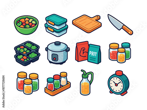 Meal Prep Icons. Meal prep. Colorful isometric vector icons set of meal prep: chopped veggies bowl, meal prep containers, cutting board, chef knife, portioned
