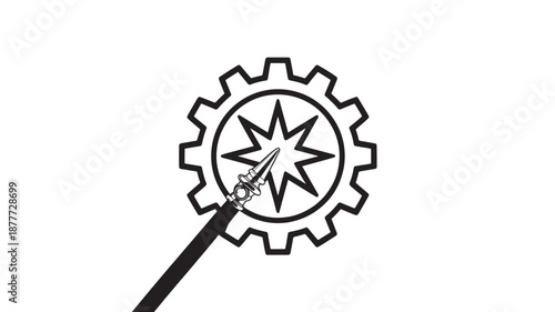 Black And White Vector Illustration Of Magnifying Glass Examining Gear With Star For Business Concept And Problem Solving On Transparent Background