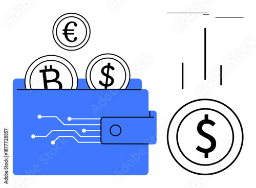 Blue digital wallet enclosing Euro, Bitcoin, and Dollar coins with minimalist lines indicating monetary flow. Ideal for finance, technology, cryptocurrency, e-commerce, fintech, blockchain