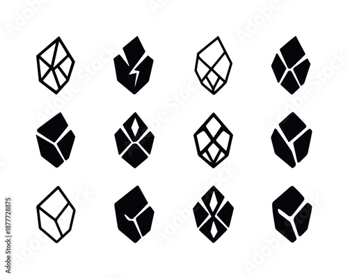 Emblematic Shard Icons. Shard. Icon set. Set Logo of shard: fractured polygon shard. harmonious logo variations of the same emblematic concept, each with