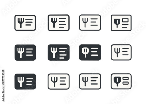 Meal Prep Icons. Meal prep. Icon set. Set Logo of meal prep: recipe card. harmonious logo variations of the same emblematic concept, each with different