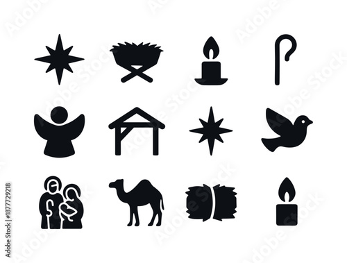 Nativity Symbols Grid. Nativity symbols. Solid icon set of nativity symbols: star of Bethlehem, manger, candle flame, shepherd?s staff, angel icon, stable