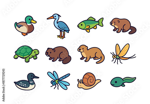 Lake Wildlife Icons. lake wildlife. Colorful isometric vector icons set of lake wildlife: duck, heron, fish, turtle, beaver, otter, loon, dragonfly, mayfly,