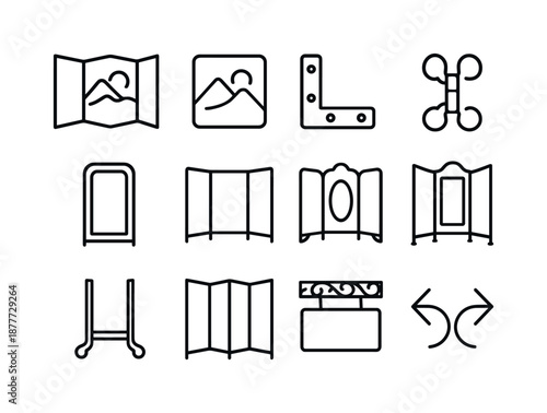 Art Screen Icons. Folding screen. Line icon set of folding screen: art panel screen, painted motif outline, frame bracket, decorative hinge loop, artist panel