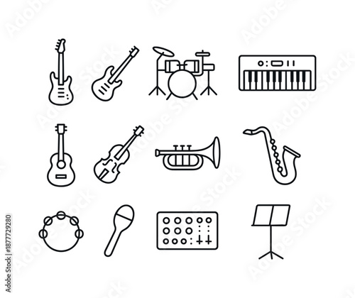 Musical Icon Grid. Musical instruments. Line icon set of Musical instruments: electric guitar, bass guitar, drum set, keyboard piano, acoustic guitar, violin,