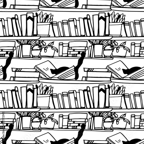 Black and white seamless pattern with books, shelves, notebooks, and reading elements illustrated in a hand drawn style. Repeating background suitable for book trackers, planners, journals, stationery
