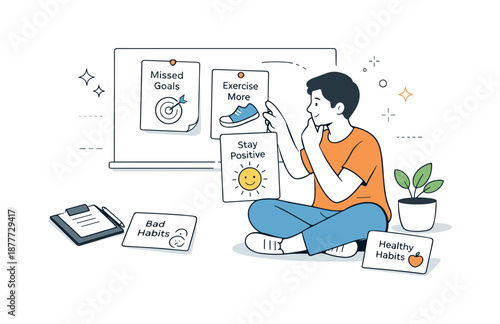 Personal Growth Transformation. Personal growth journey. Individual adjusting goals and habits, replacing outdated cards with new positive ones. Feeling of