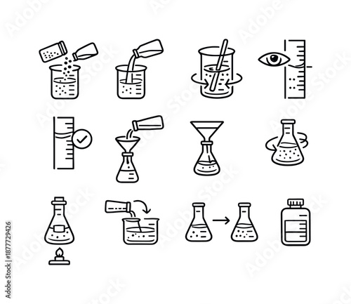 Solution Preparation Icons. Solution Preparation. Line icon set of Solution Preparation: adding solute, adding solvent, mixing symbol, meniscus reading,