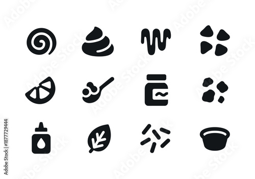 Dessert Toppings Icons. Dessert toppings. Solid icon set of Dessert toppings: jam swirl, whipped cream dollop, caramel drizzle, chocolate chips, fruit slice,