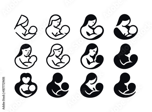 Baby Latching Icons. Baby latching. Icon set. Set Logo of Baby latching: Cradle hold icon: Abstract geometric, Stylized detail, Negative space, Minimal