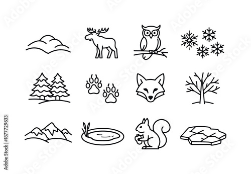 Winter Animal Icons. Snowy landscapes with animals in winter habitats. Line icon set of snowy landscapes with animals in winter habitats: snowdrift, moose