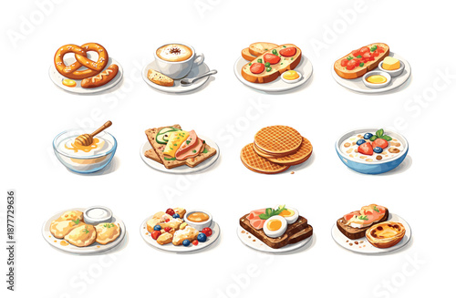 European Breakfast Icons. European breakfasts. Colorful flat vector icons set of European breakfasts: German pretzel and sausage, Italian cappuccino with