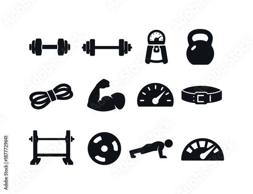Strength Icons Set. Fitness assessments and body measurements. Solid icon set of strength testing: dumbbell, barbell, grip strength gauge,