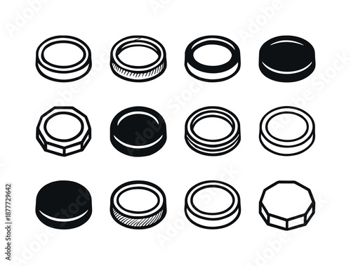 Mason Jar Lid Icons. mason jar lid. Icon set. Set Logo of mason jar lid: wide-mouth lid silhouette. harmonious logo variations of the same emblematic concept,
