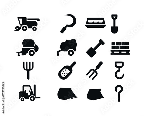 Black Harvesting Tools Icons. Harvesting tools. Solid icon set of harvesting tools: combine harvester, sickle, grain header, baler, grain cart, shovel,