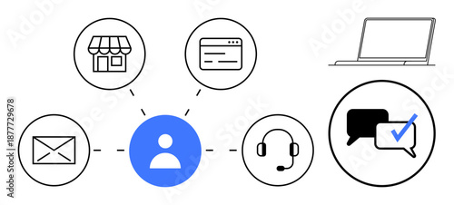 Central user icon linked to email, chat, headset, storefront, web interface, laptop, and chat validation. Ideal for communication, customer support network connection e-commerce collaboration