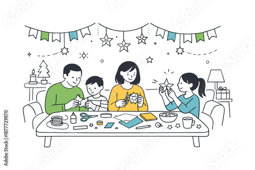 Festive Family Crafting. Family making holiday crafts at home. Cozy living room scene with garlands, paper stars, and craft supplies neatly spread on the