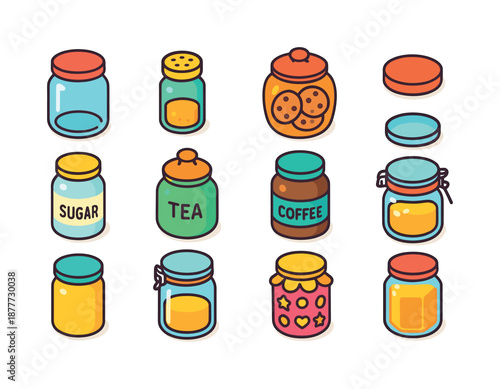Colorful Kitchen Jars Icons. Kitchen jars. Colorful isometric vector icons set of kitchen jars: mason jar, spice jar, cookie jar, sugar jar, tea jar, coffee