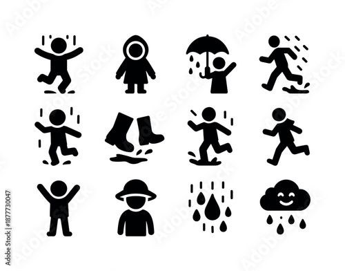 Rainy Day Playtime. Kids playing in rain. Solid icon set of kids playing in rain: child jumping, raincoat kid, umbrella child, puddle hop, rain boots stride,