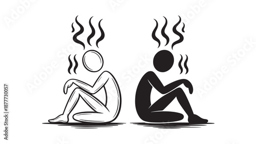 Vector Illustration Of Two Sitting People With Heat Or Stress Concept For Mental Health And Wellness On Transparent Background