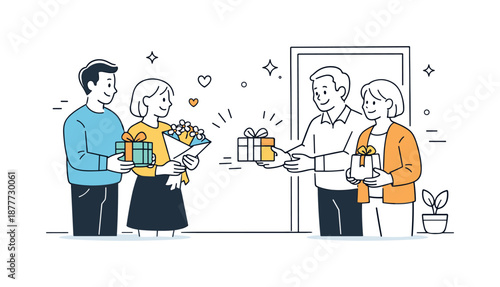 Thoughtful Family Visit. Visiting relatives with gifts. Guests handing over small presents, thoughtful gestures and warm family tradition. Minimalist flat