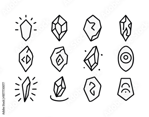 Magic Shard Icons. Magic shards. Line icon set of Magic shards: glowing shard silhouette, mana crystal, enchantment fragment, rune shard, ancient relic piece,