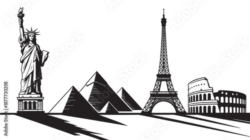 Vector Illustration Of Famous Landmarks Including Statue Of Liberty, Pyramids, Eiffel Tower And Colosseum For Travel And Tourism Concept On Transparent Background