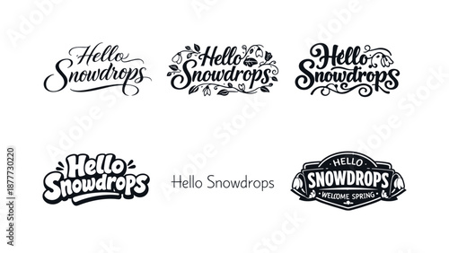Snowdrops Lettering Variations. Hello Snowdrops. Set lettering. harmonious lettering variations of the same emblematic concept, each with different artistic
