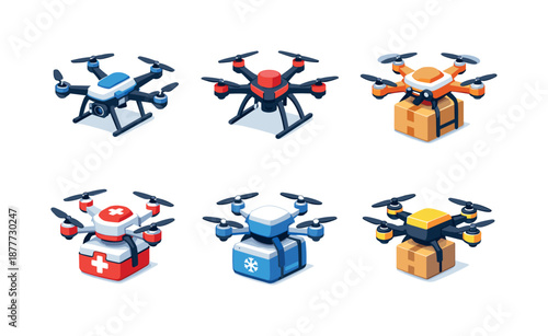 Diverse Delivery Drones. Delivery drones. Isometric flat vector icons set of Delivery drones: quadcopter drone, hexacopter drone, package-carrying drone,