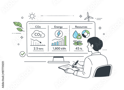 Analyzing Environmental Metrics. Environmental metrics reporting. Person reviewing carbon, energy, and resource indicators on a screen, focused and analytical