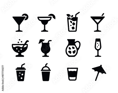 Black Drink Icons Set. Party drinks. Solid icon set of party drinks: cocktail glass, margarita, mojito, martini, sparkling punch, tropical drink, sangria