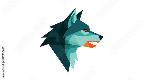 Modern geometric wolf head illustration in a low poly vector style. The stylized profile view design features sharp polygonal shapes in shades of blue, teal, and orange. Isolated on white.
