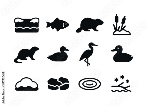 Winter River Wildlife Icons. Winter river wildlife. Solid icon set of winter river wildlife: frozen river, fish icon, beaver silhouette, otter, duck, heron,