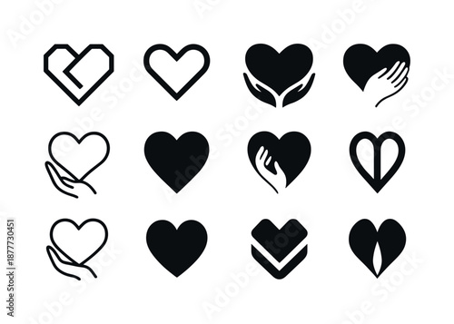 Kindness Logo Variations. Kindness. Icon set. Set Logo of kindness: heart symbol. harmonious logo variations of the same emblematic concept, each