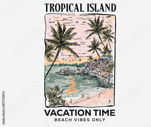 Tropical island artwork. Summer vacation time artwork. Palm tree vector design. Welcome to paradise. Summer vibes graphic print design.