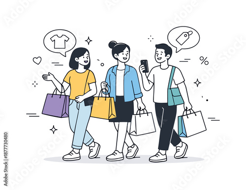 Shopping Spree Fun. Shopping with friends. People carrying bags and discussing purchases while walking together. Casual conversation and shared decision-making
