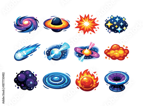 Colorful Astronomical Icons. Astronomical phenomena. Colorful isometric vector icons set of astronomical phenomena: nebula swirl, black hole, supernova burst,