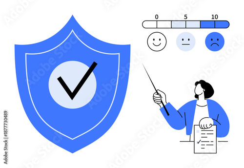Shield with checkmark, numerical rating scale, person holding report with pointing stick. Ideal for data protection, customer feedback, evaluation, trust, analytics, compliance user experience
